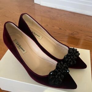 LK Bennett Dark Red Velvet Heels with Black Embellishment